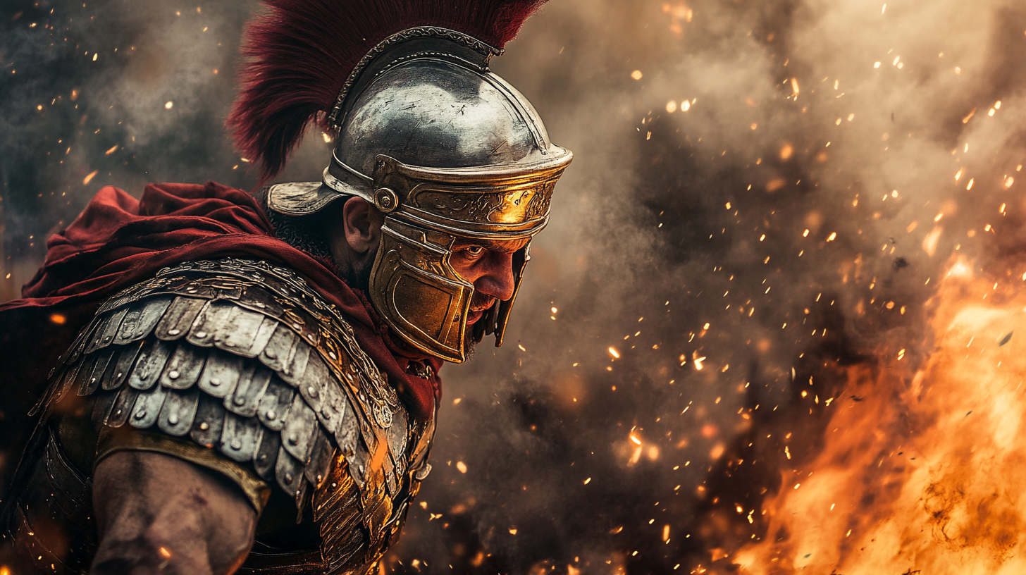 Dramatic scene of roman soldier with armor and shield