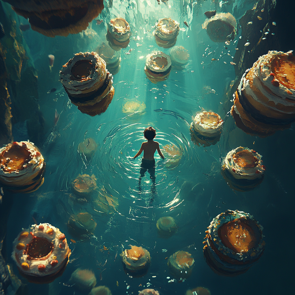 Dramatic underwater concept art with drowned boy and cakes 