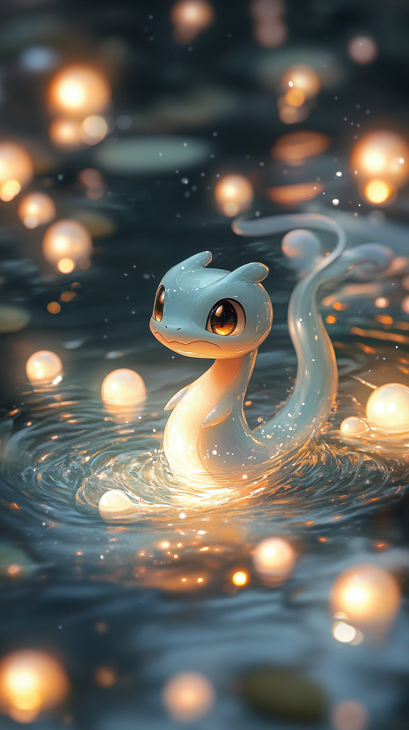 Dratini emerges from magical shimmering water surrounded by orbs.