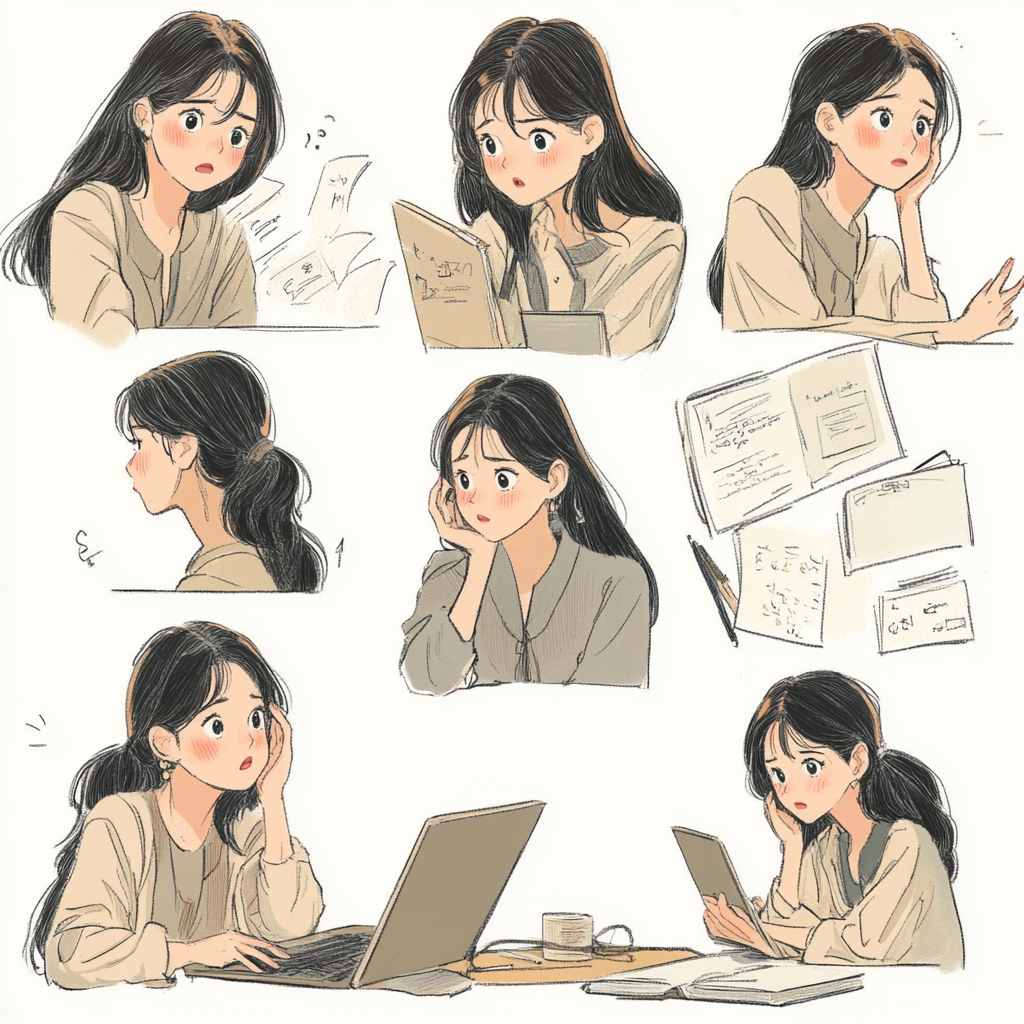 Draw calm, delicate illustrations of Japanese woman studying.