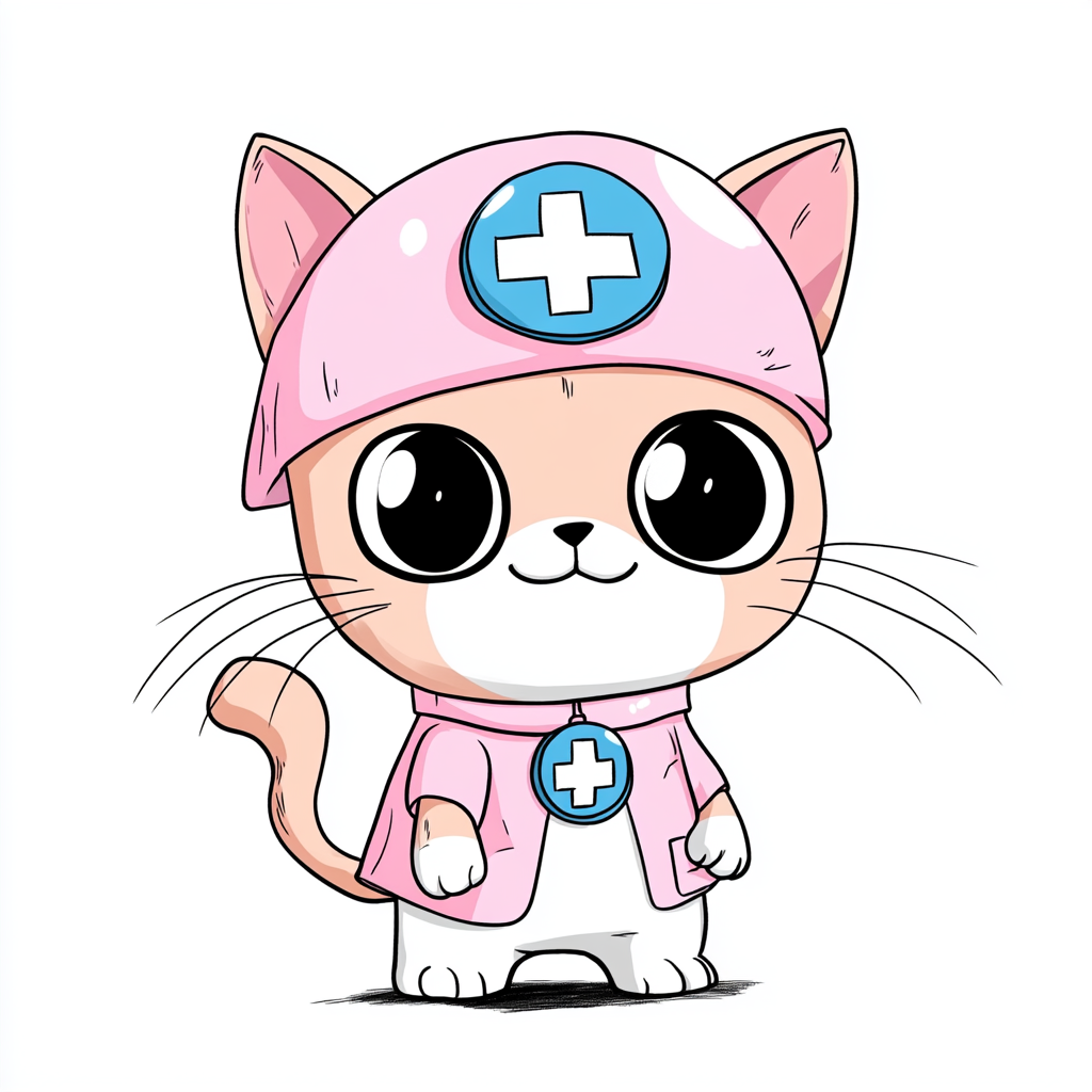 Drawing a cute cat with Chopper's hat. Bright background.