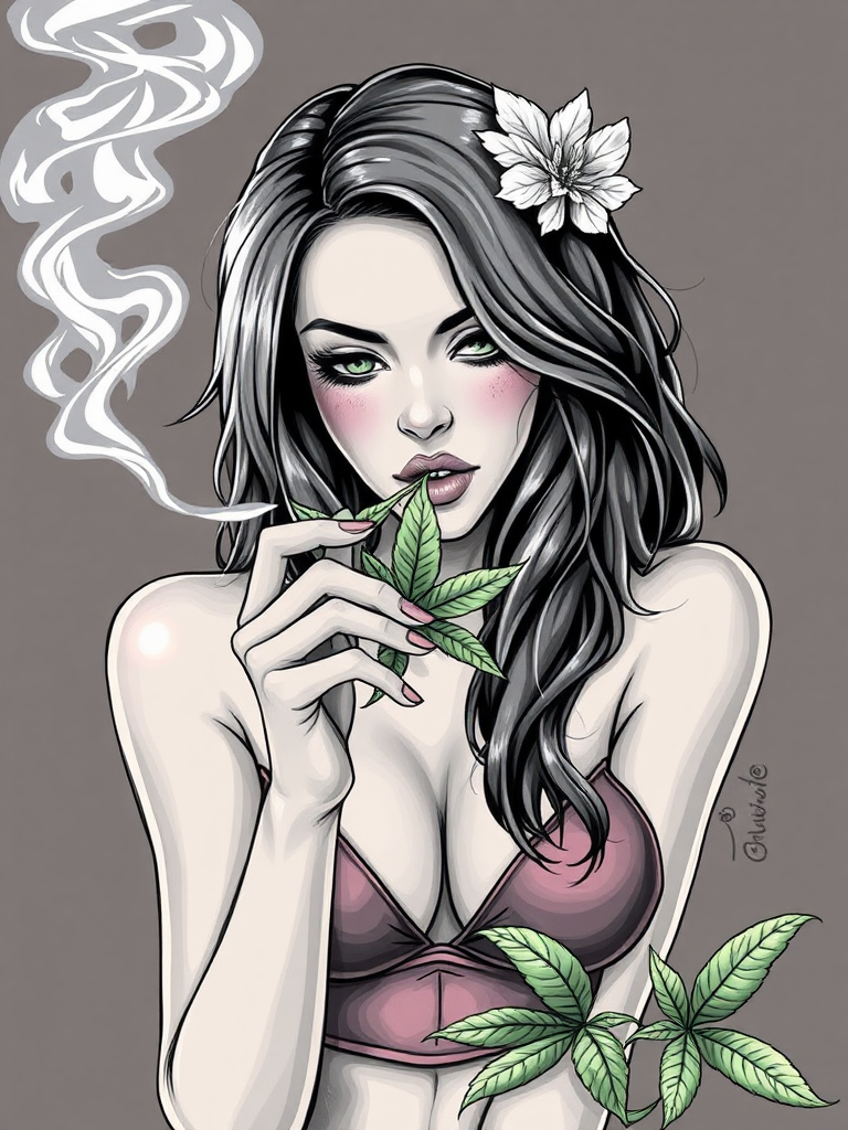 Drawing a girl smoking marijuana, looking attractive and hot.