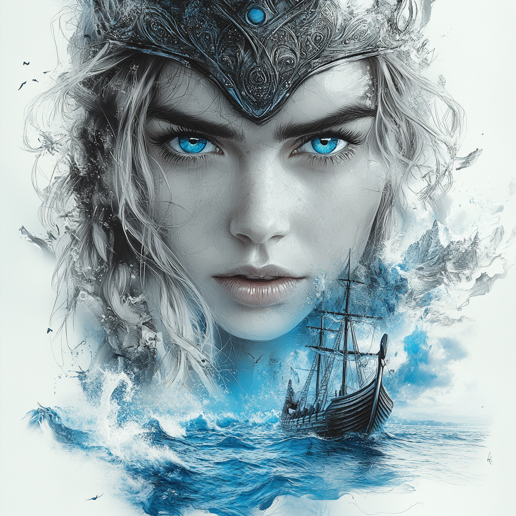 Drawing of Norse goddess Freya with blue eyes, helmet.