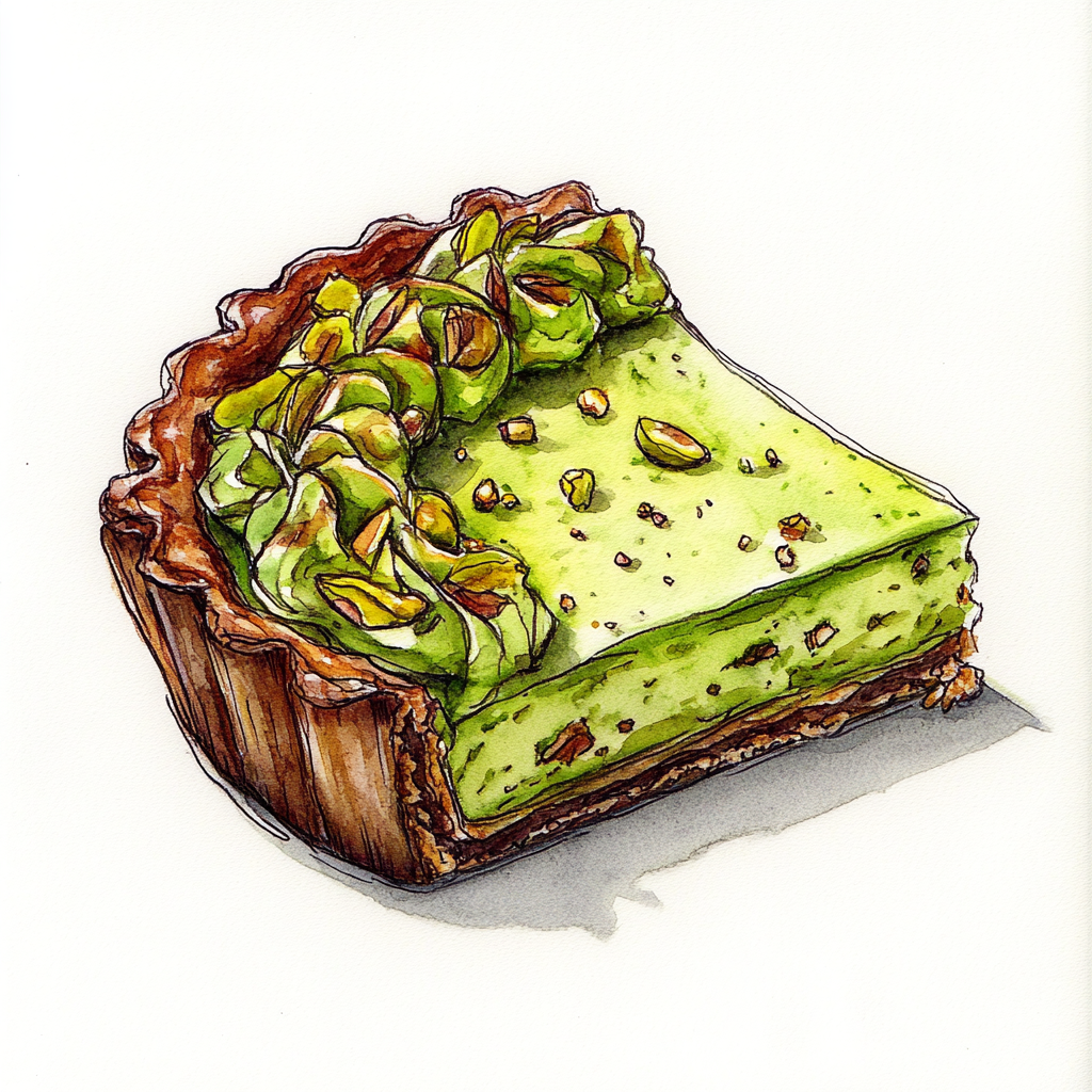 Drawing of a Pistachio tart with watercolors