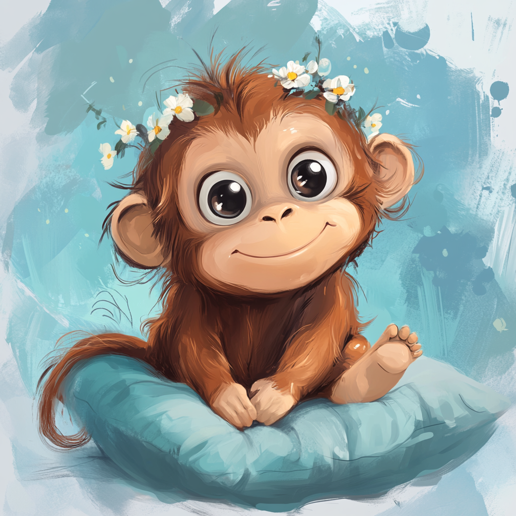 Drawing of adorable orangutan on blue pillow with flowers.