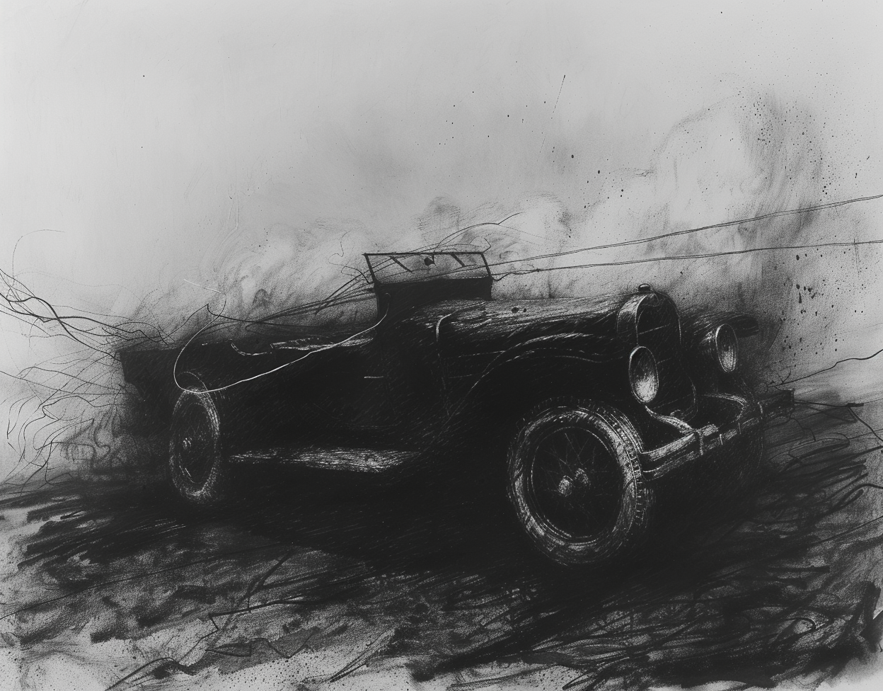 Drawing of car-like figure in dramatic pull-down pose.