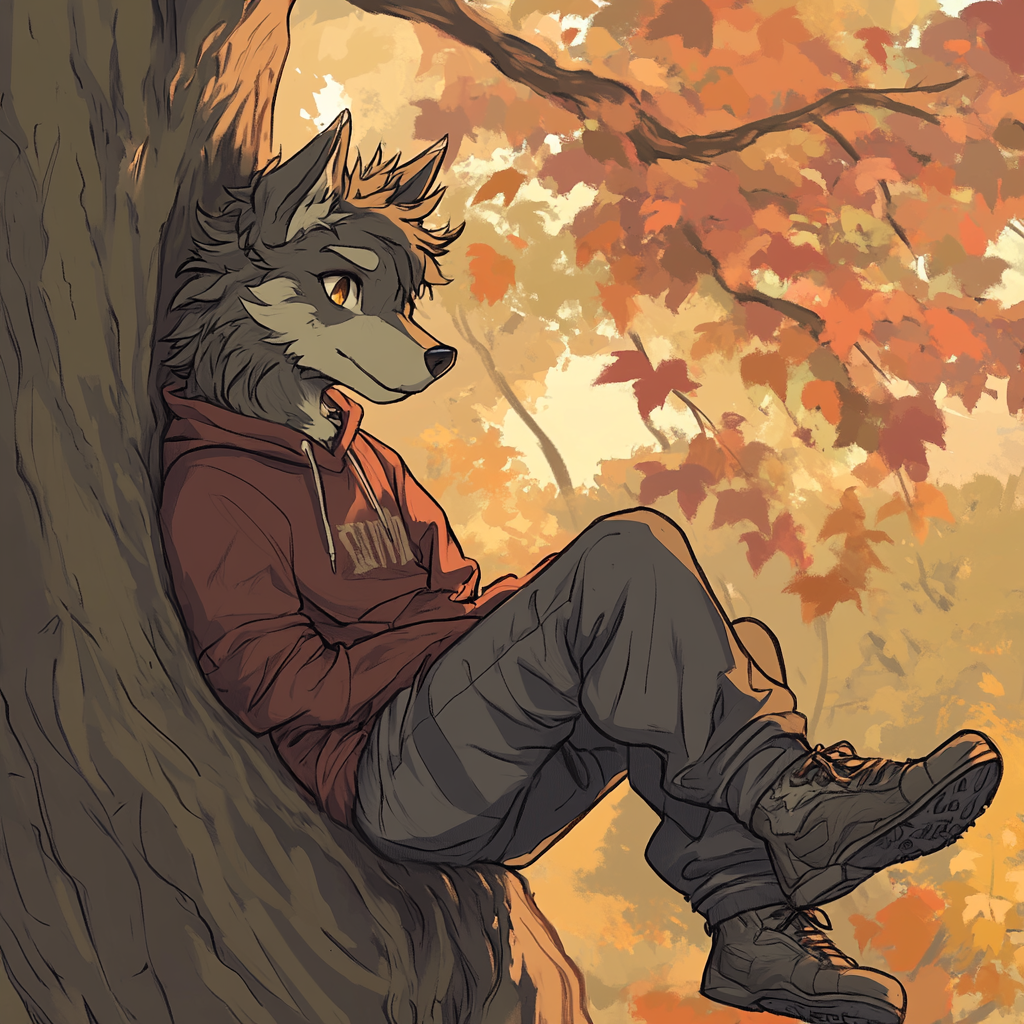 Drawing of chill wolf creature in park, anime-inspired.