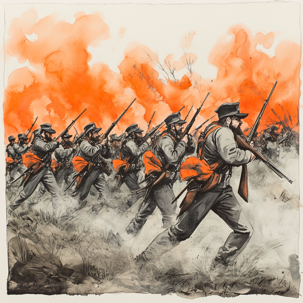 Drawing of confederate soldiers charging in smoky battlefield.