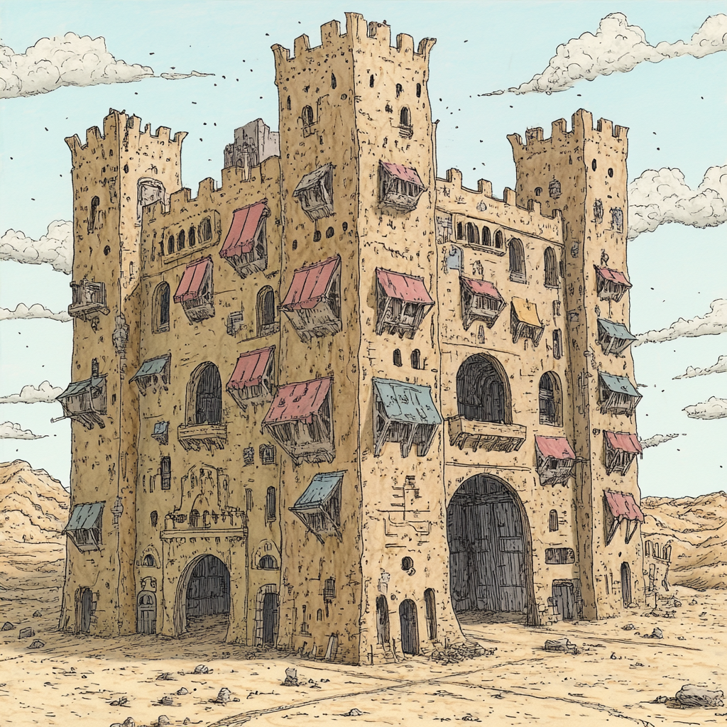 Drawing of desert sandstone building with tall tower and windows.