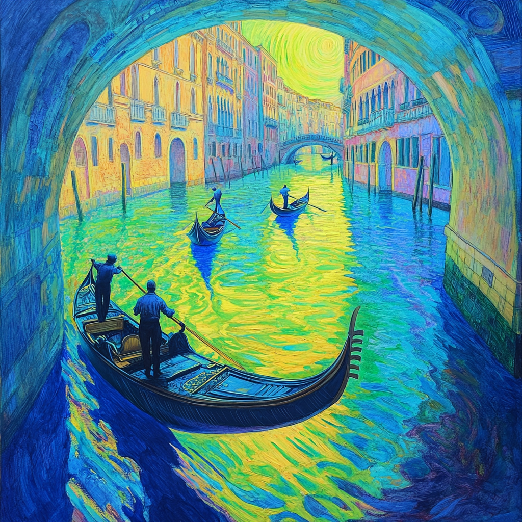 Drawing of gondoliers in Venice using colorful crayons.