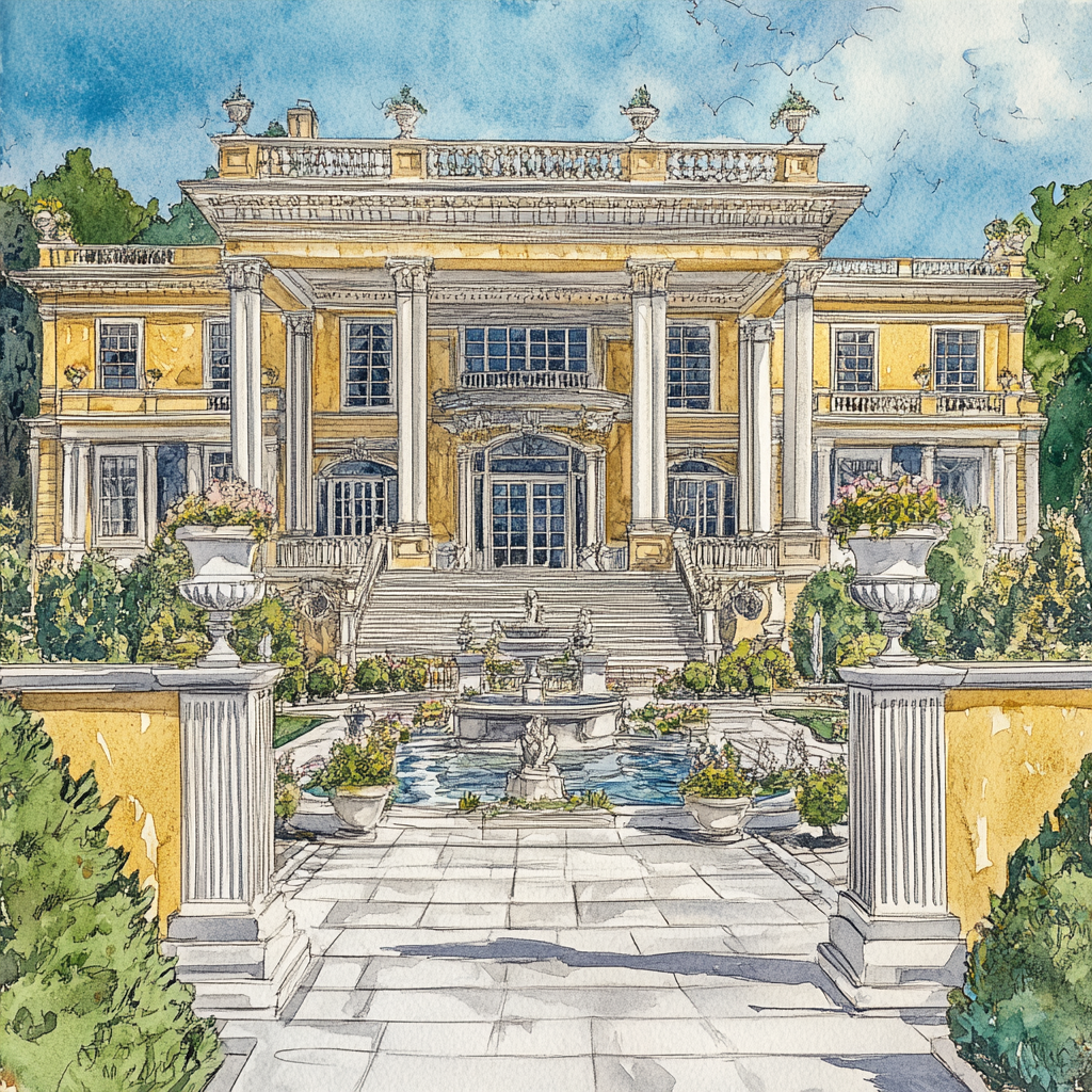 Drawing of lavish mansion with gold and marble.