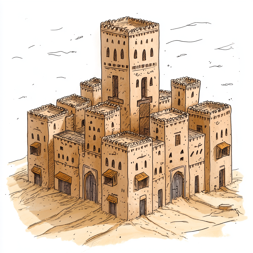 Drawing of sandstone building in desert with tall tower.