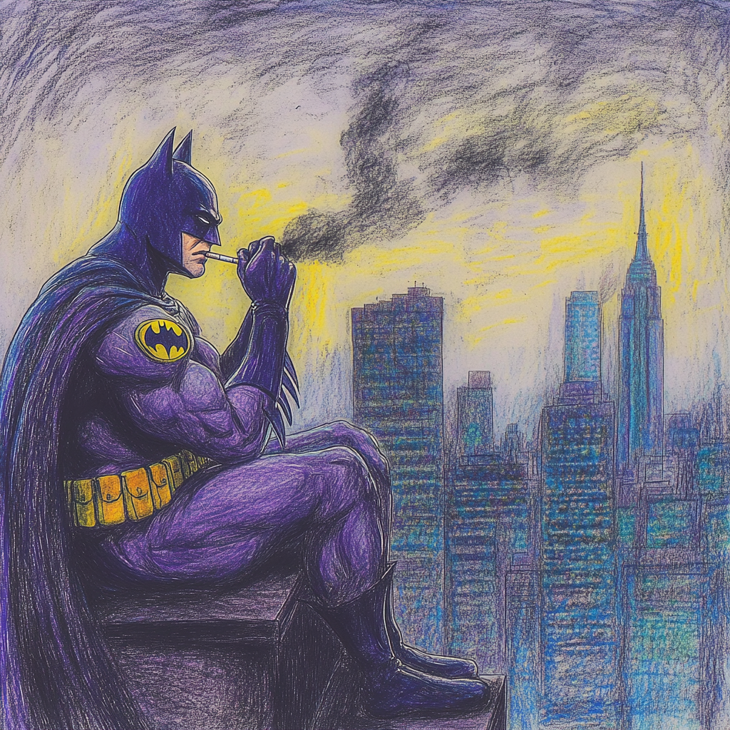 Drawing of tired Batman smoking cigarette, childlike style.