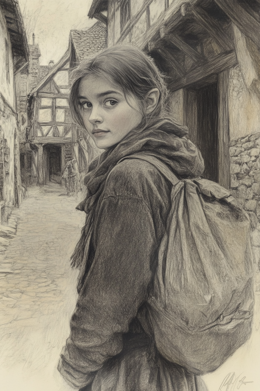 Drawing of young Audrey Hepburn in medieval Bree setting.