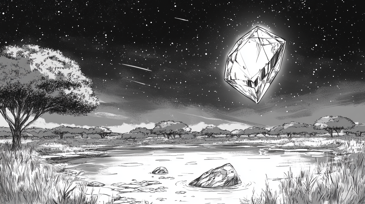 Drawing shows diamond falling into water at night.