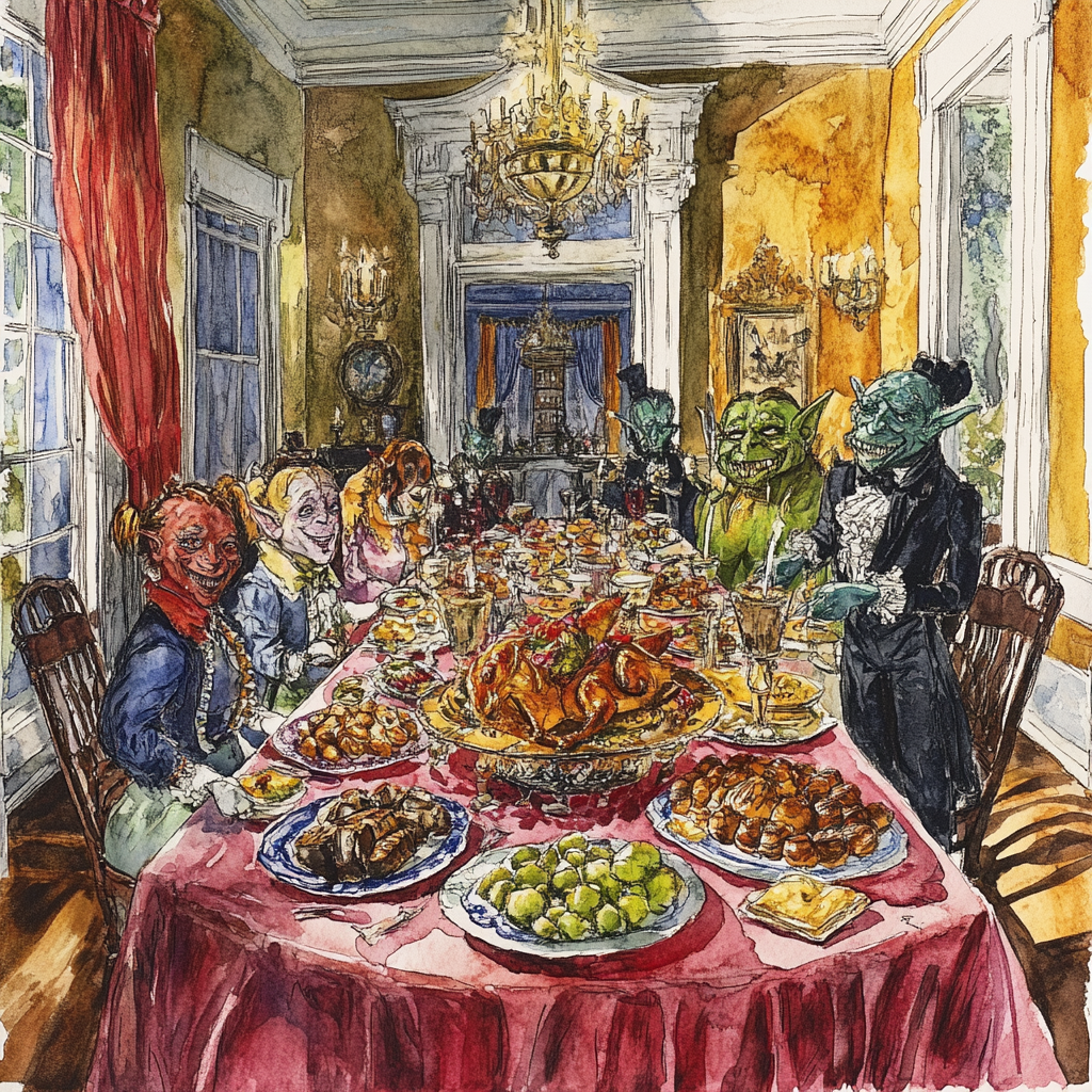 Drawing with watercolors of antebellum dining room scene.