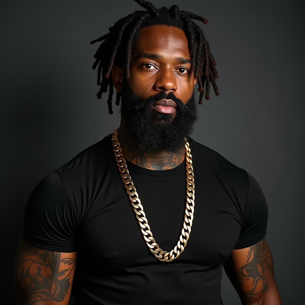 Dreadlocked Muscular Man with Necklace and Tattoos