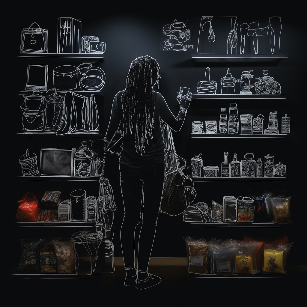 Dreadlocked woman stocking store on black paper outline.