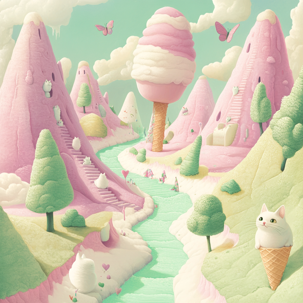 Dream of candy cats in pastel world, playful mischievous.