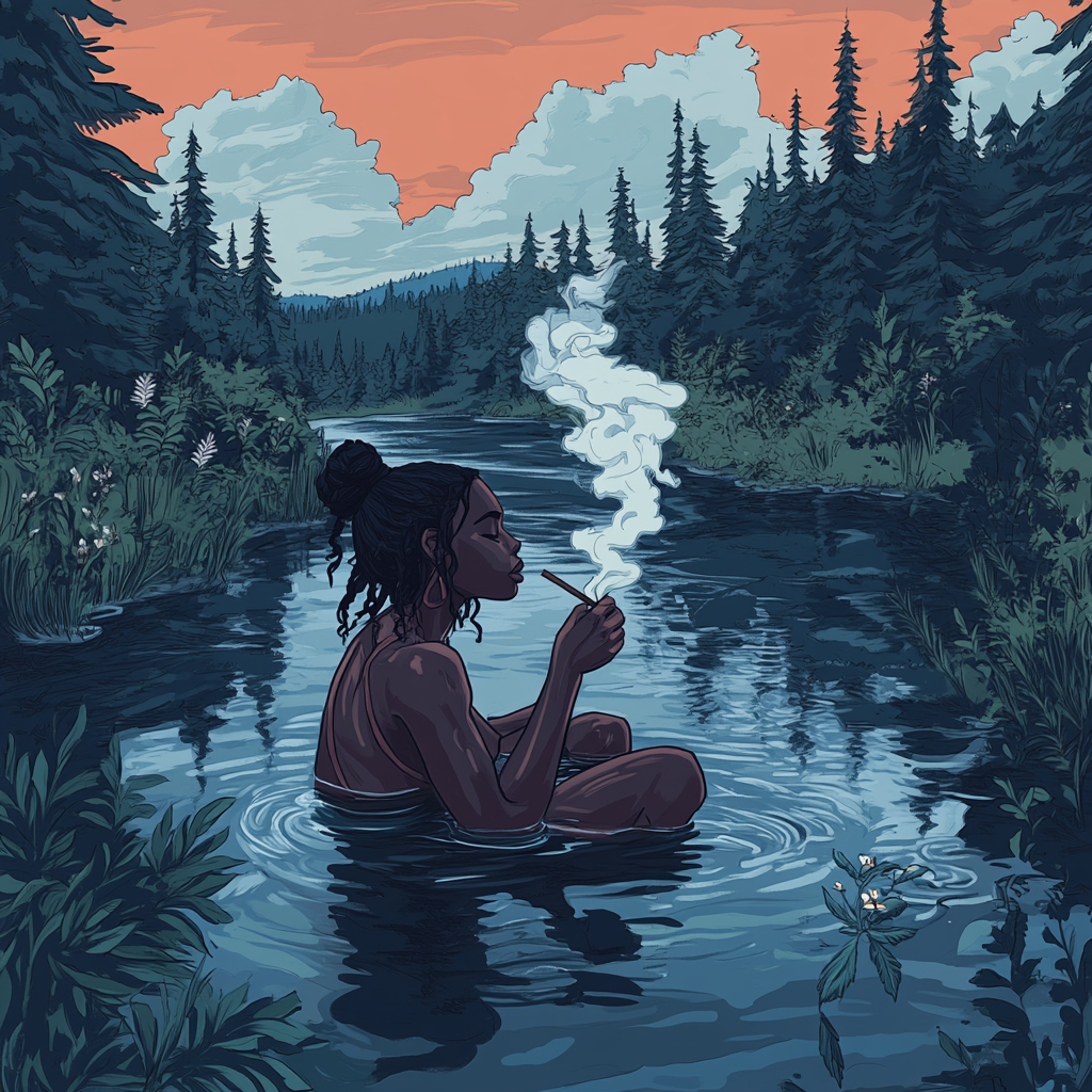 Dreamlike Black Woman Smoking Cannabis Joint in River Illustration