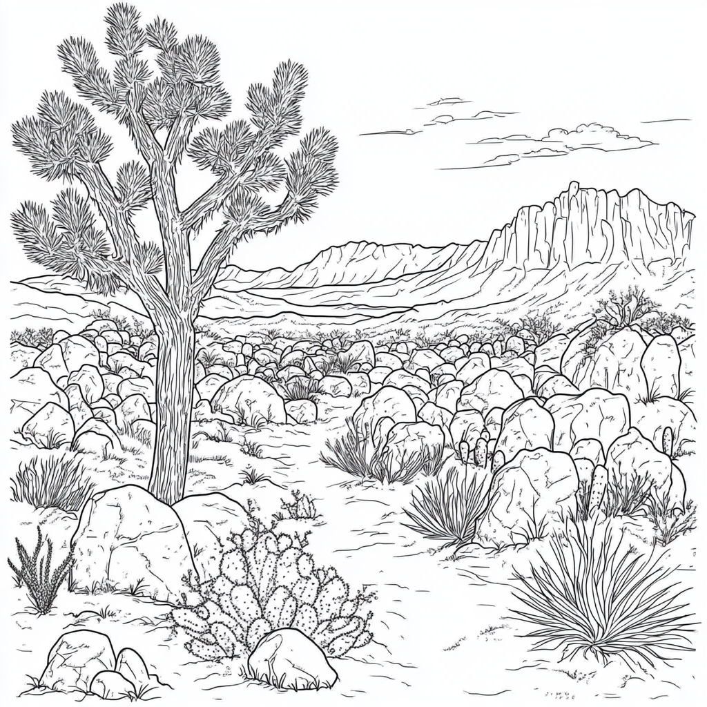 Dreamlike desert scene: Joshua tree, cactus, mountains, plants.