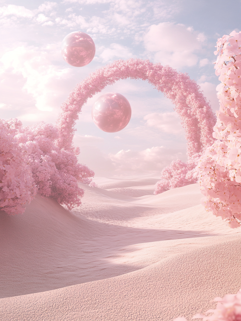 Dreamlike desert with pink flowers, floating spheres under arch.