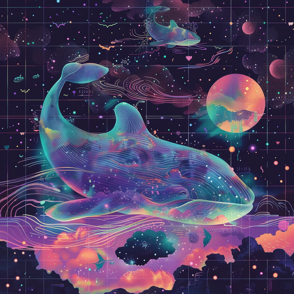 Dreamlike illustration of floating creatures with iridescent colors.