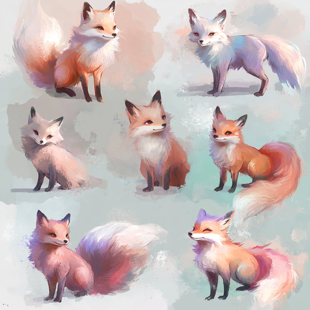 Dreamlike pastel foxes with elegant forms and textures.