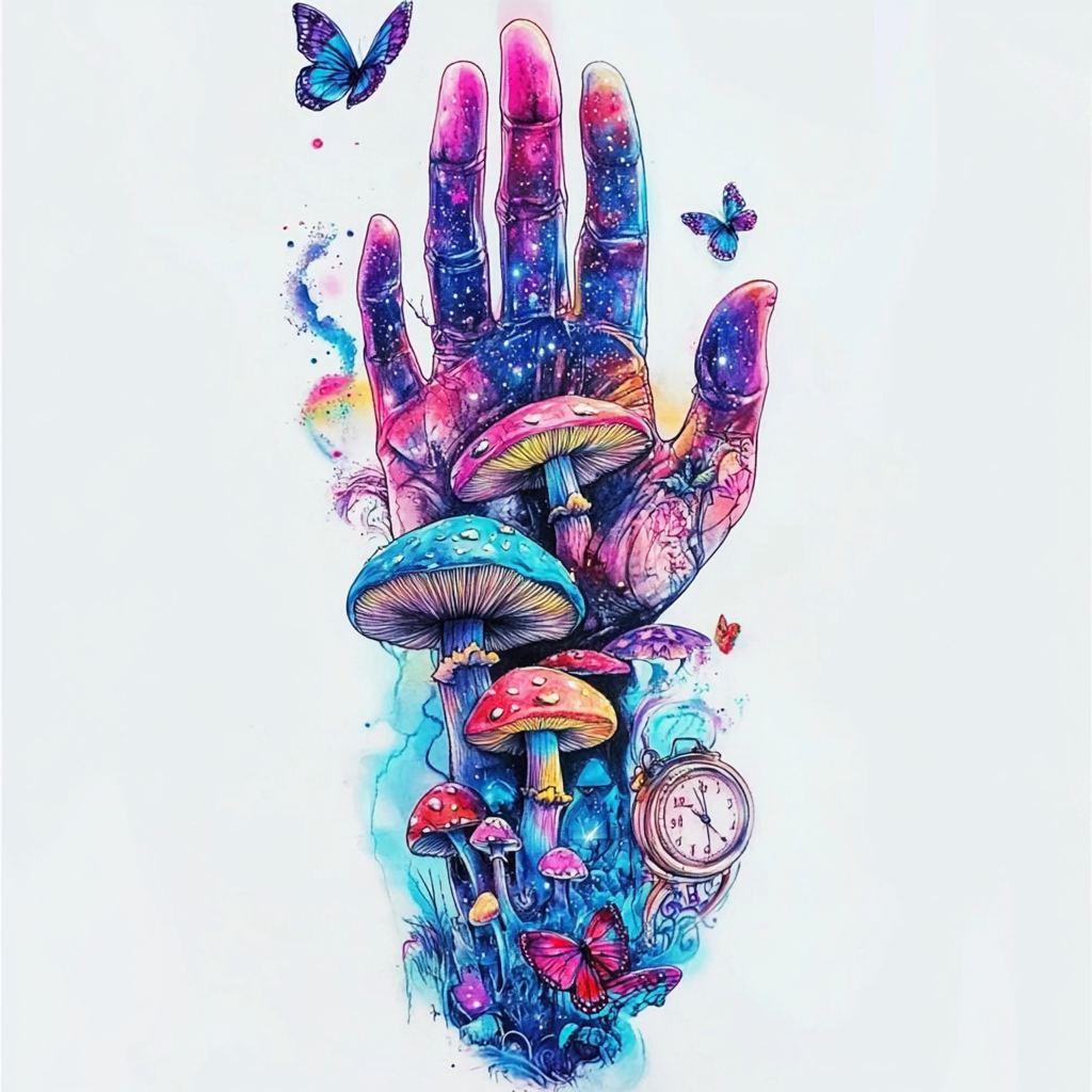 Dreamy, surreal hand with neon mushrooms and butterflies