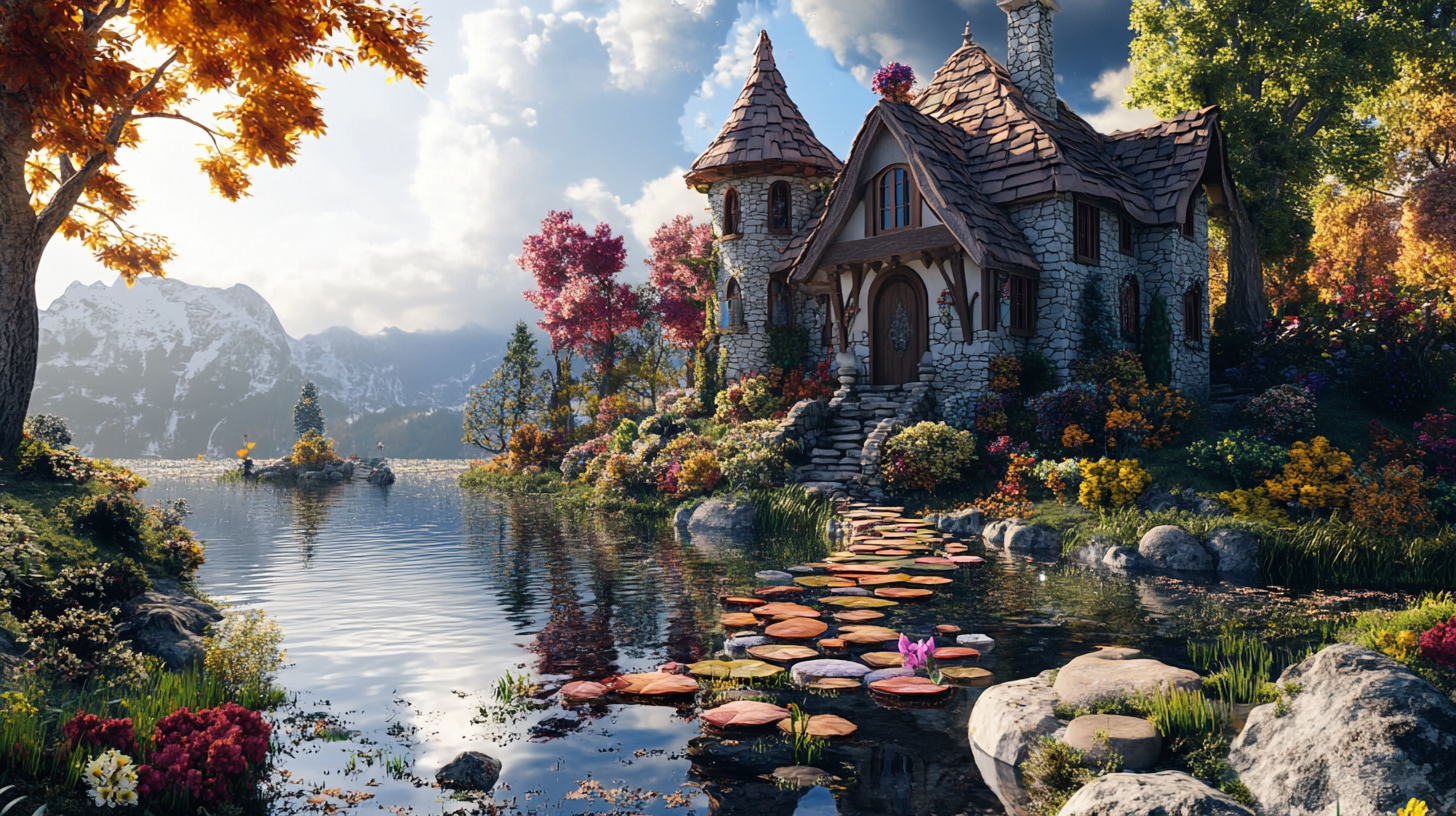 Dreamy Fairytale Landscape: Detailed Trees, Lake, Sky 16:9