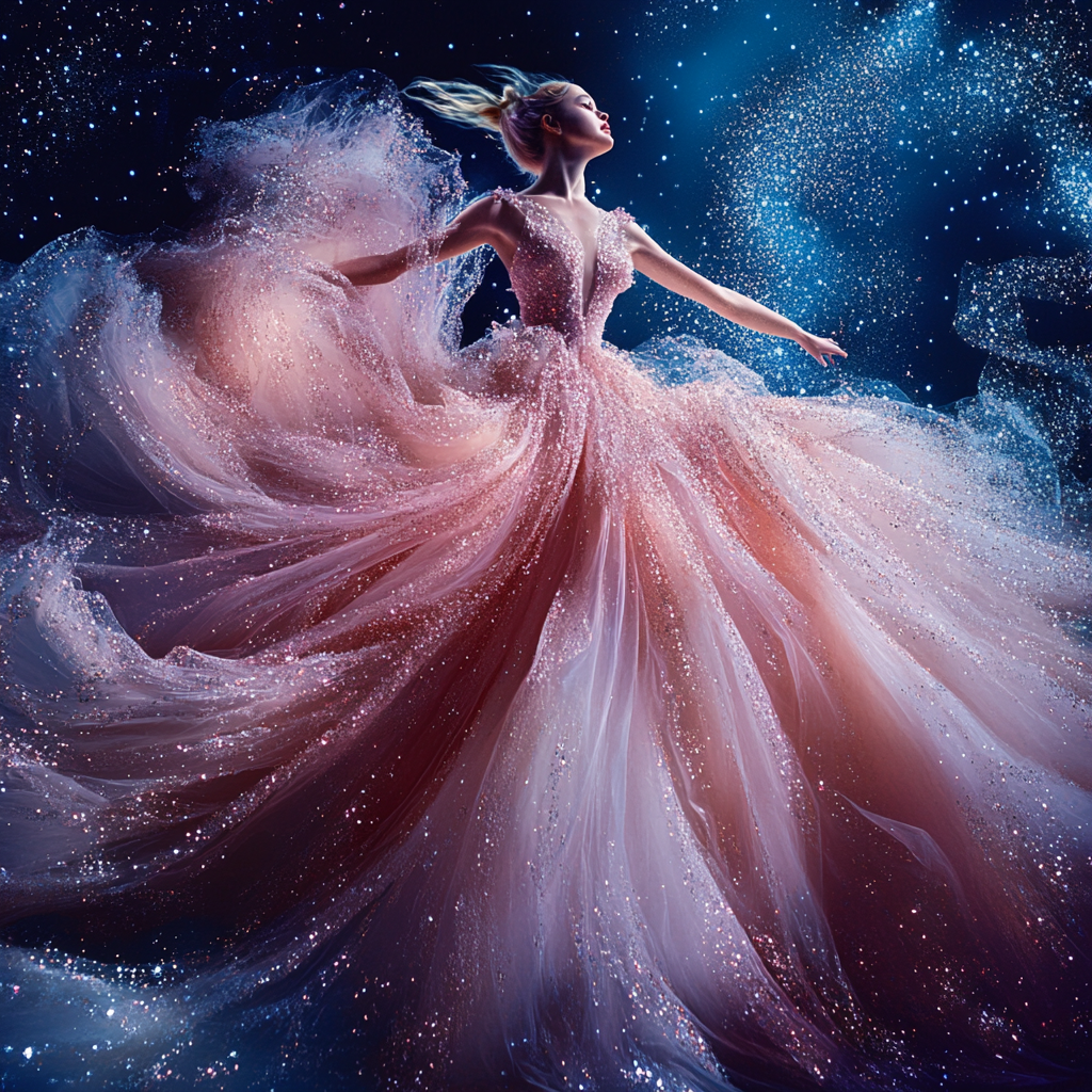 Dreamy dancing girl in pink gown under starlight.