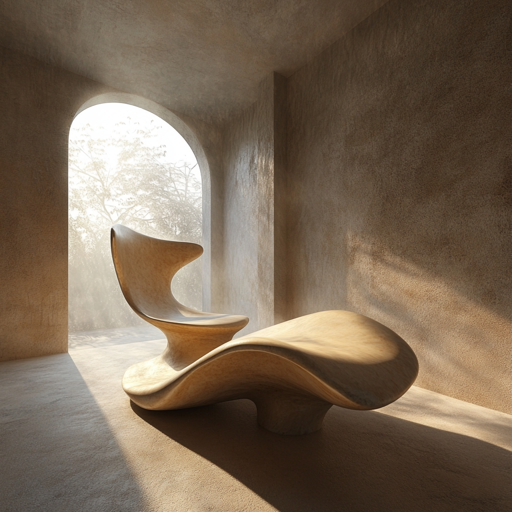 Dreamy furniture and walls with surreal shapes.