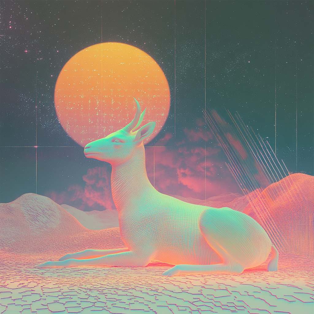 Dreamy illustration of meditating animal in iridescent colors.