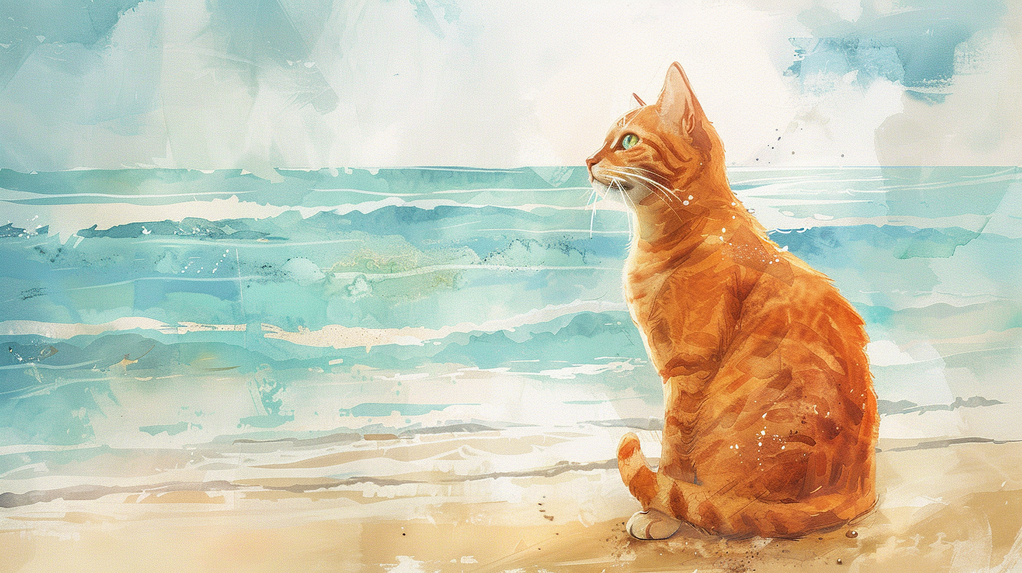 Dreamy orange cat with green eyes on beach.