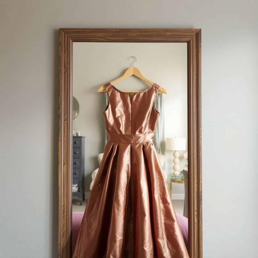 Dress in copper hangs on wall frame.