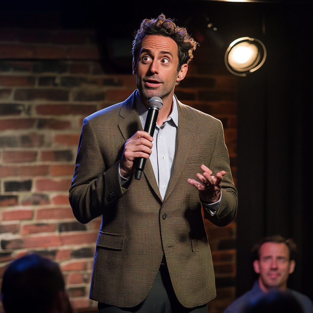 Dressed like Jerry Seinfeld, comedian entertains crowd at comedy club.