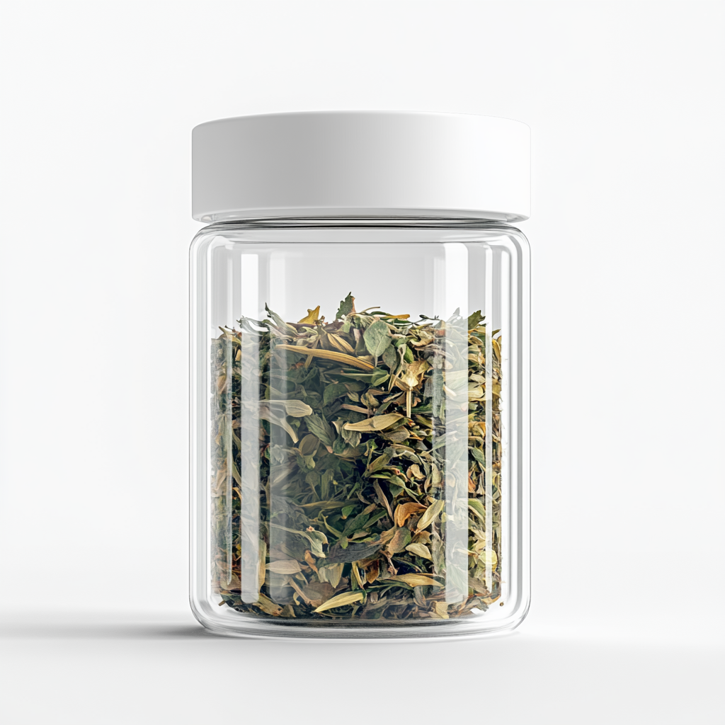 Dried spearmint & lemongrass tea leaves in transparent jar.