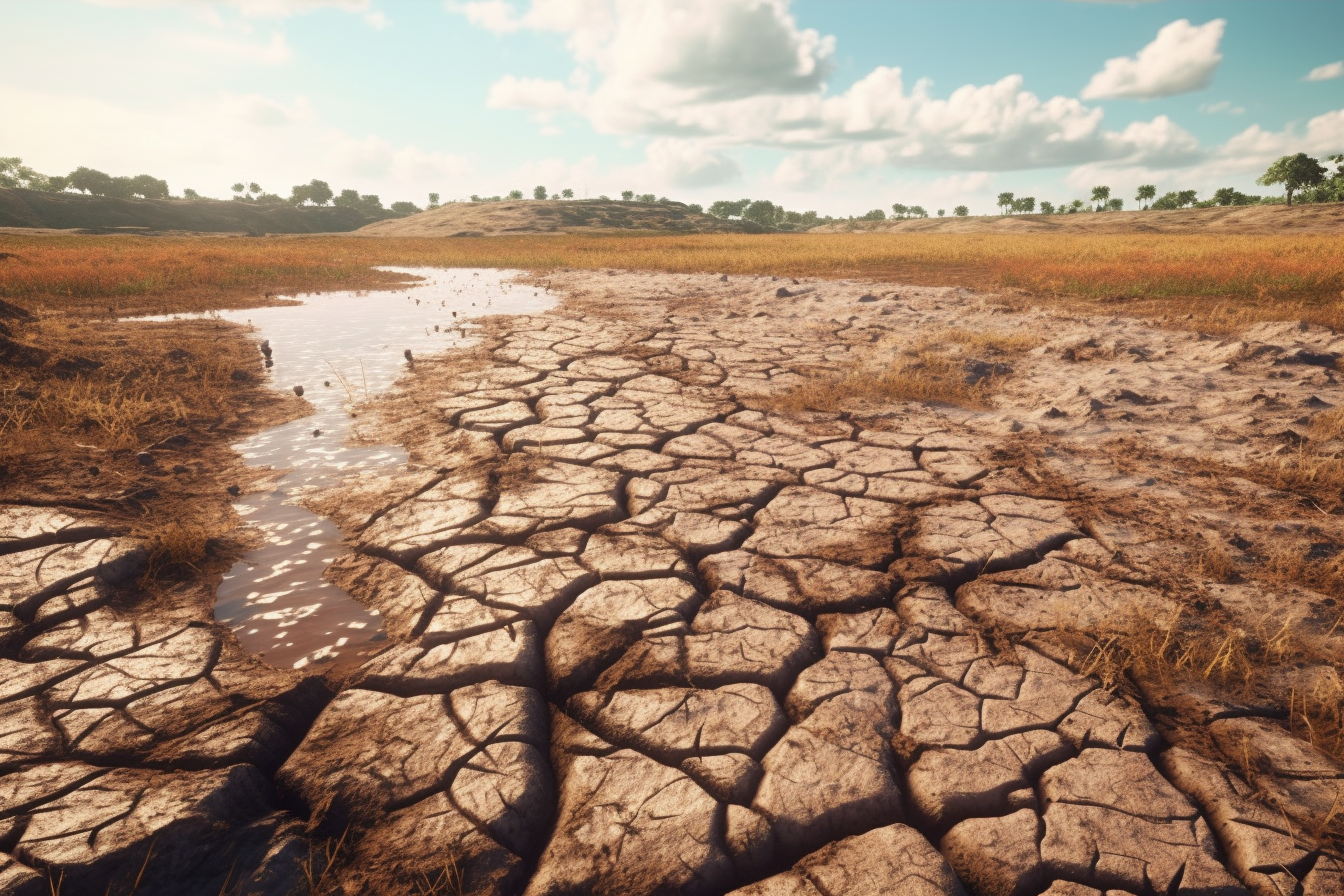 Dried-up river with cracked earth, no water, barren terrain.