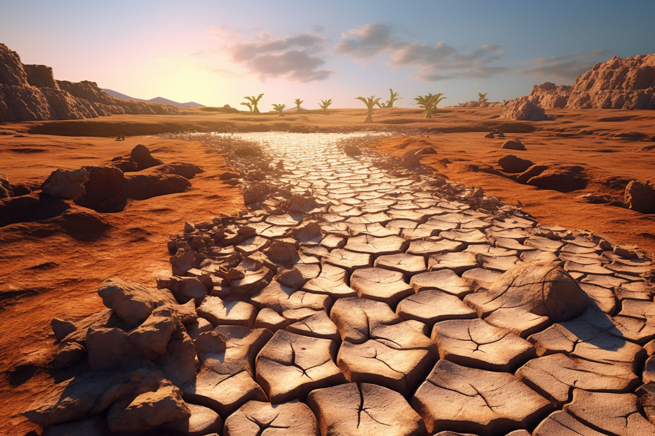 Dried-up riverbed with cracked earth, parched ground, no life.