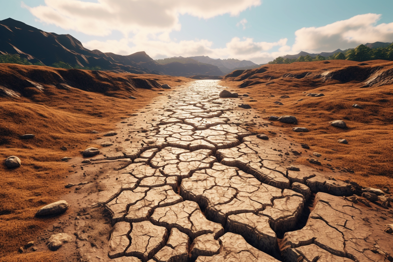 Dried-up riverbed with cracked earth and barren landscape.