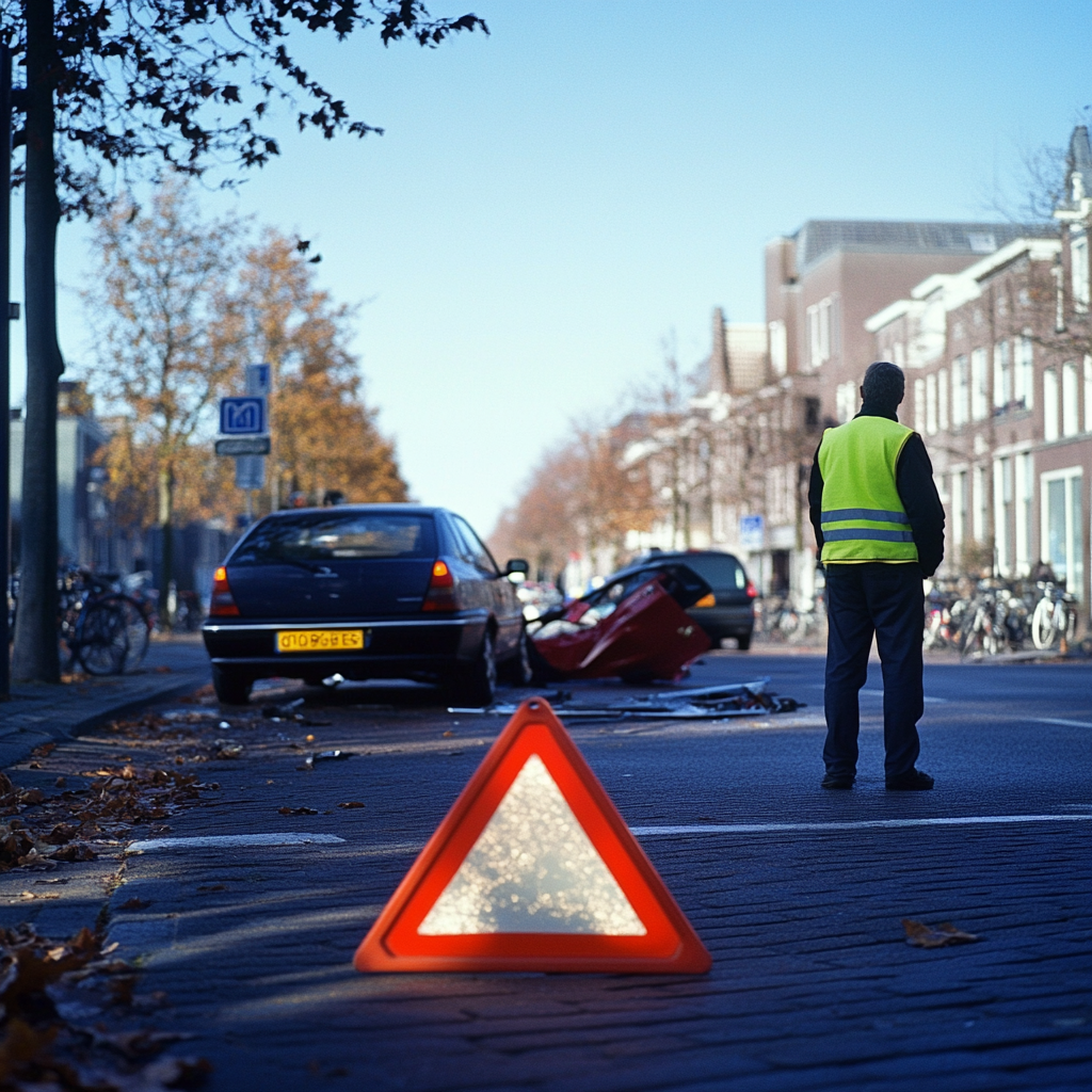 Driver at Dutch road accident, warning traffic safely.