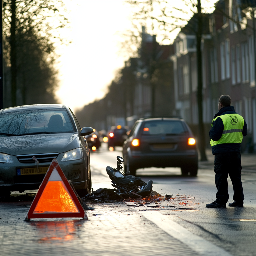 Driver wearing reflective vest managing minor motorcycle accident safely.