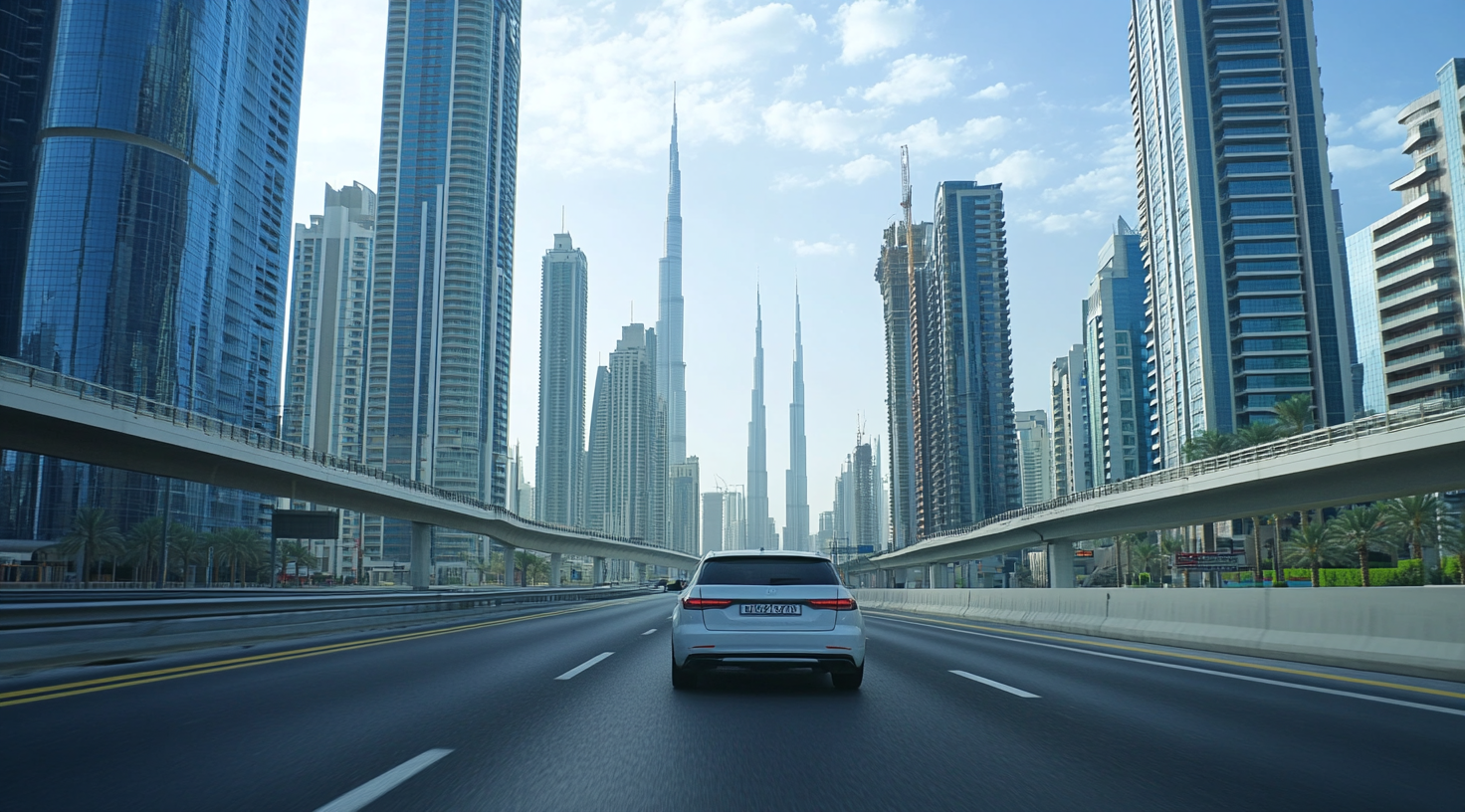 Driving on Sheikh Zayed Road in Dubai, cinematic style.