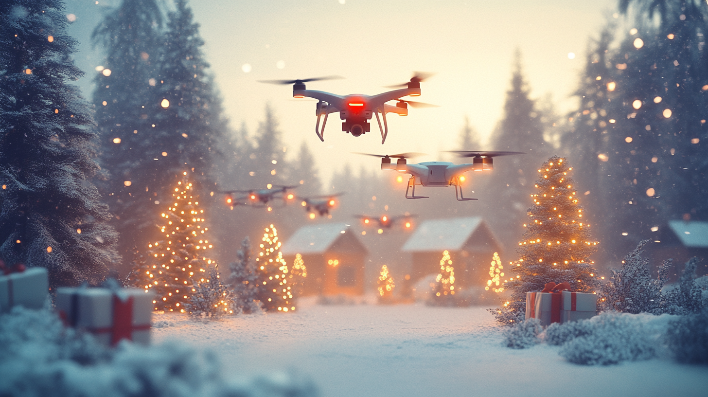 Drone Delivering Christmas Gift in Snowy Mountain Town