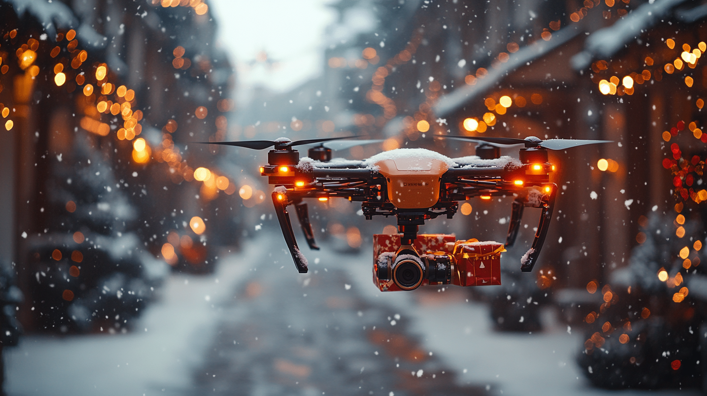 Drone Delivering Christmas Gifts in Snowy Town