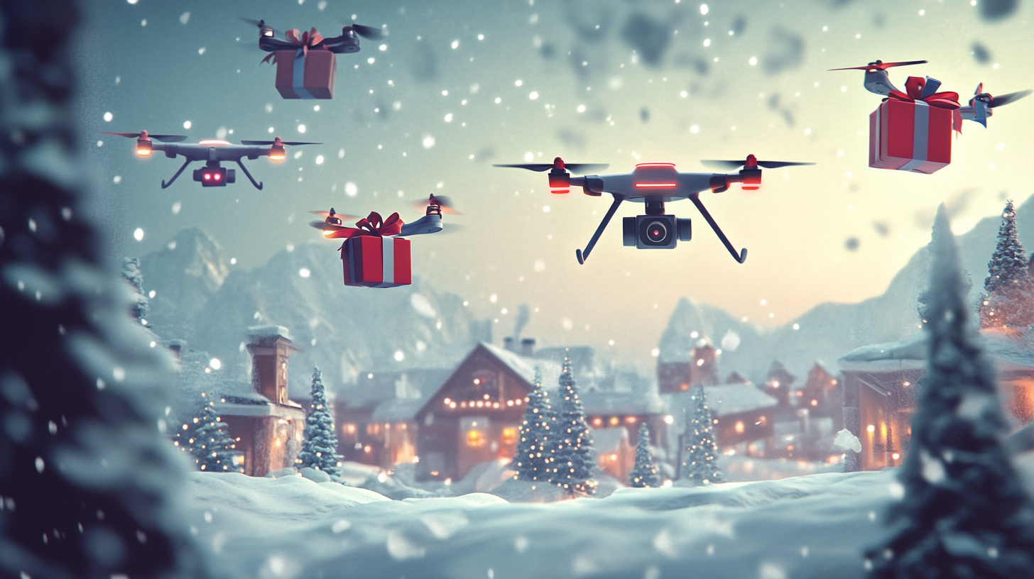 Drone Delivering Presents in Snowy Mountain Town