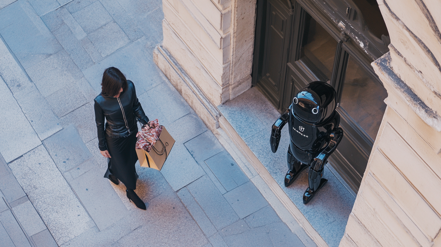 Drone captures woman walking with black humanoid robot.