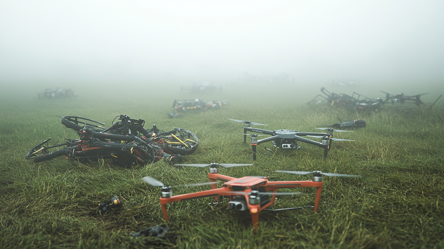 Drone graveyard with crashed quadrotors in fog