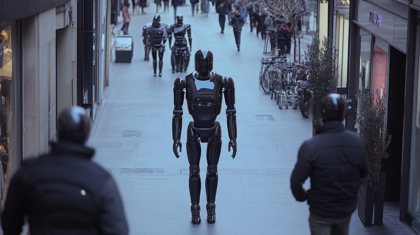 Drone photo shoot of people and robots in Milan.