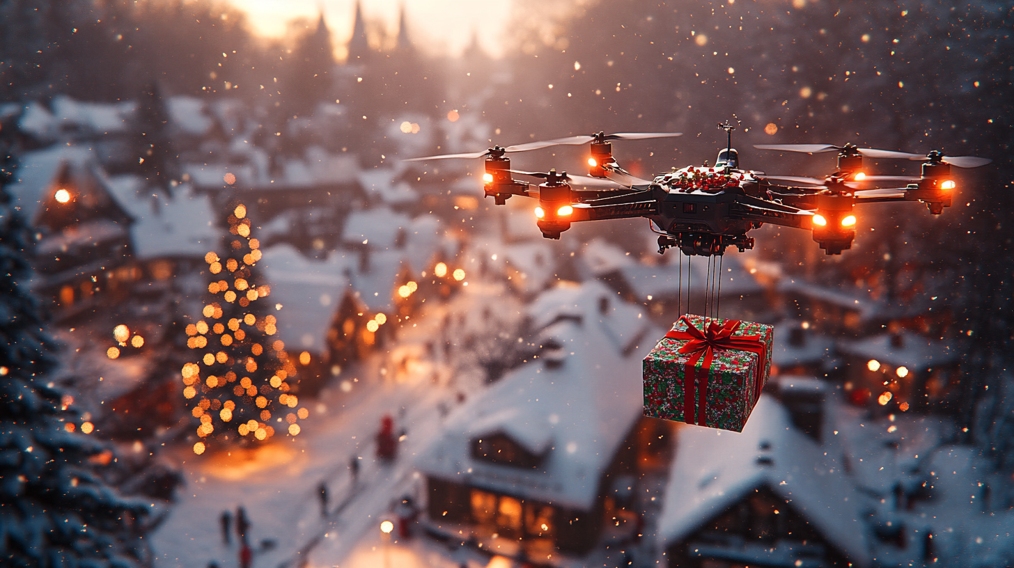 Drones Delivering Christmas Gifts Over Snowy Town